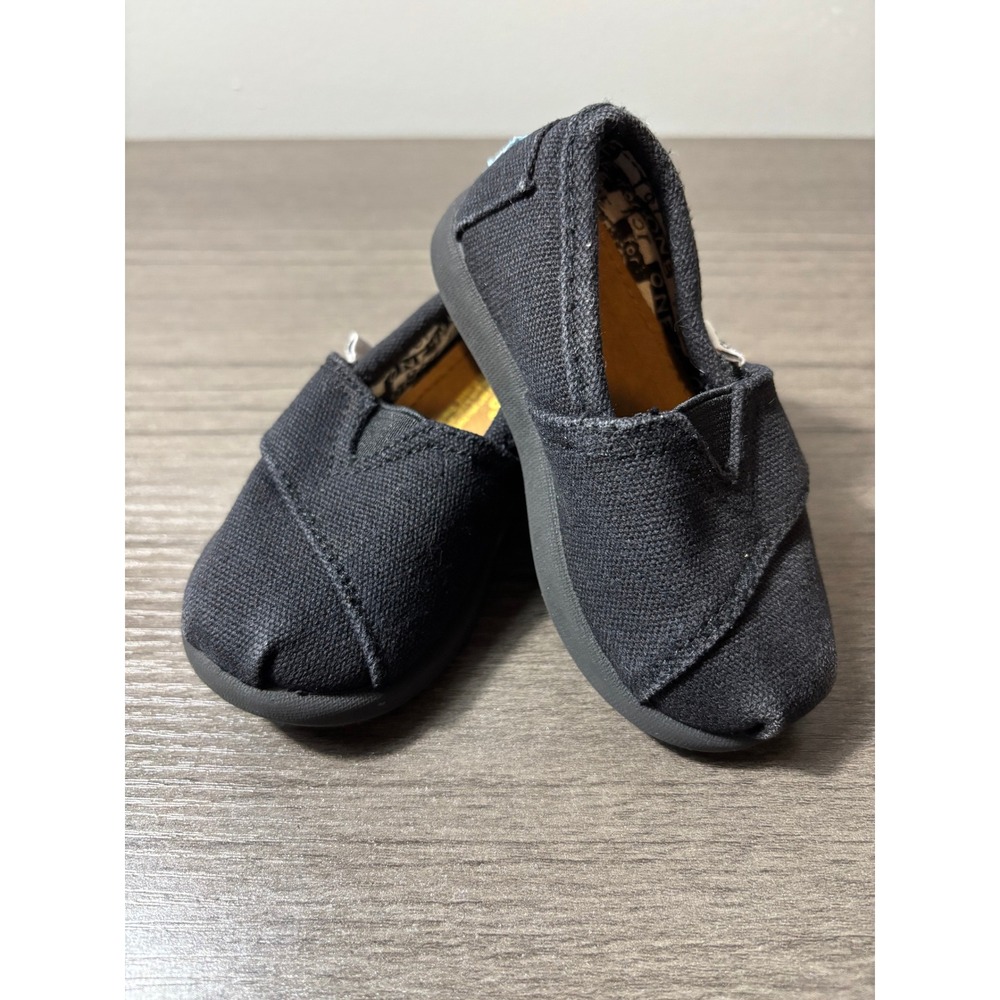 TOMS Kids' Alpargata Slip-On shoes Black‎ Canvas Size T4 Flats Causal Strap